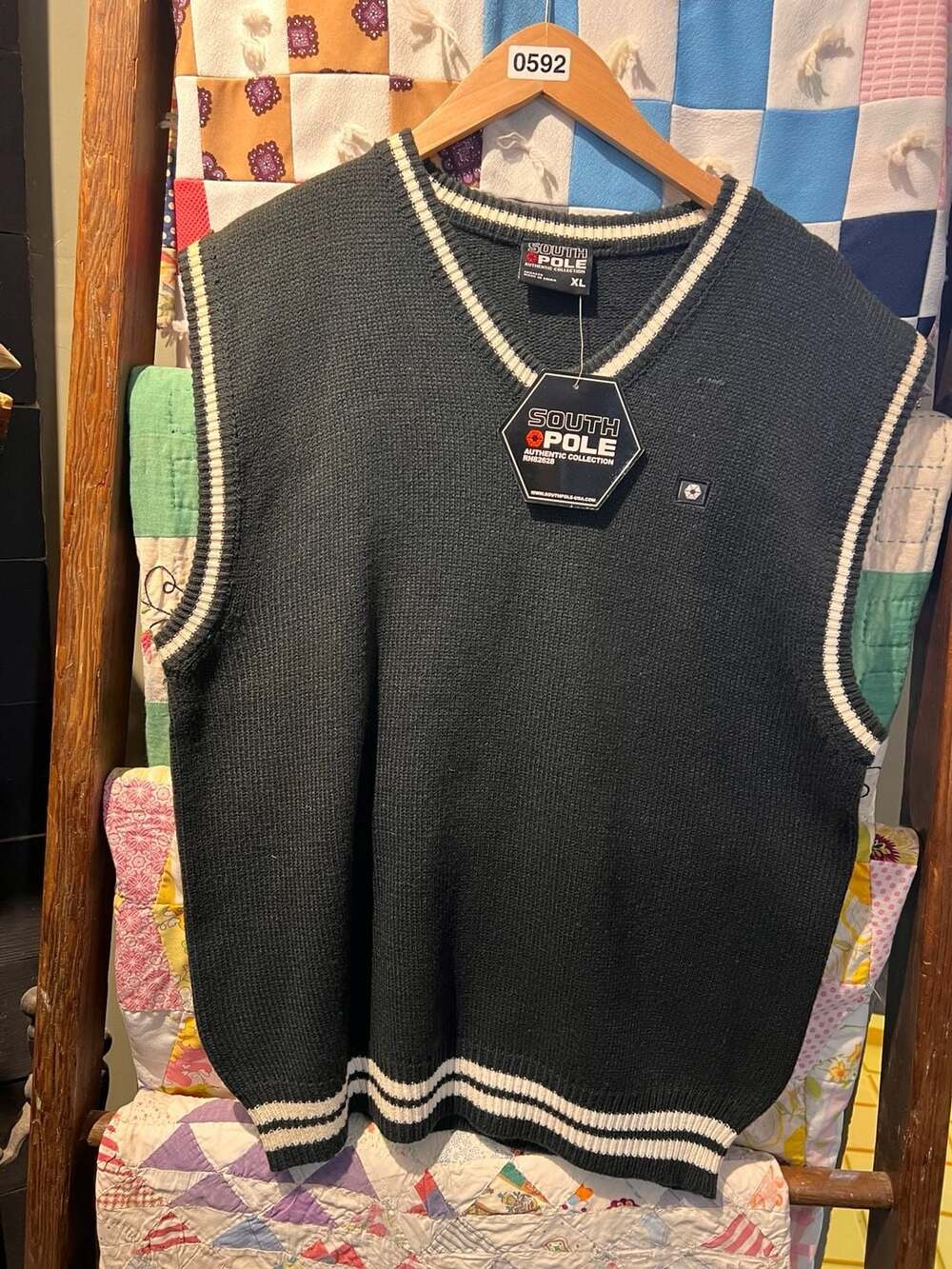 Vintage  Southpole V-Neck Sweater Vest Size XL Black Knit Striped Preppy